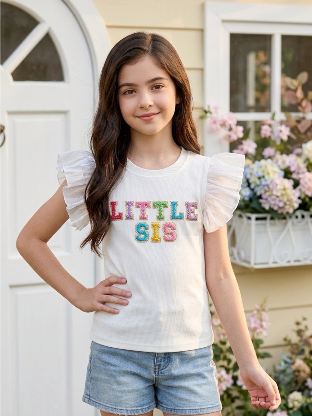 Lola + The Boys Girls' White 'Little Sis' Ruffled Sleeve Tee Size 8 EUC